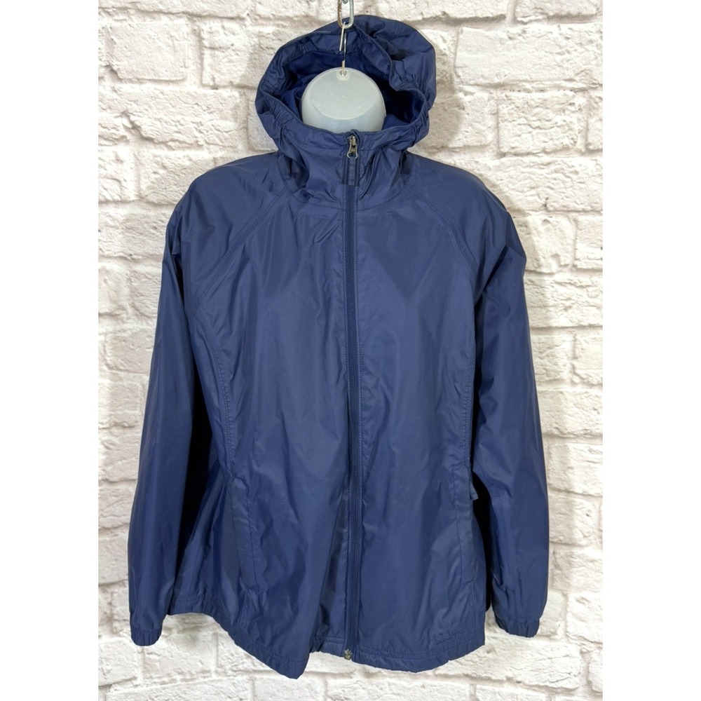 LL Bean Womens Nautical Navy Blue Hooded Raincoat Jacket Full Zip Pockets PL